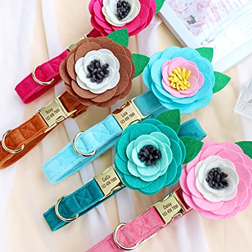 Beirui Collar de Terciopelo Suave para Perro con Accesorios de Flores extraíbles,Collar de Perro Personalizado con Placa de Nombre–Collar Adorable para Perros pequeños medianos Grandes(Rosa Fuerte,S)