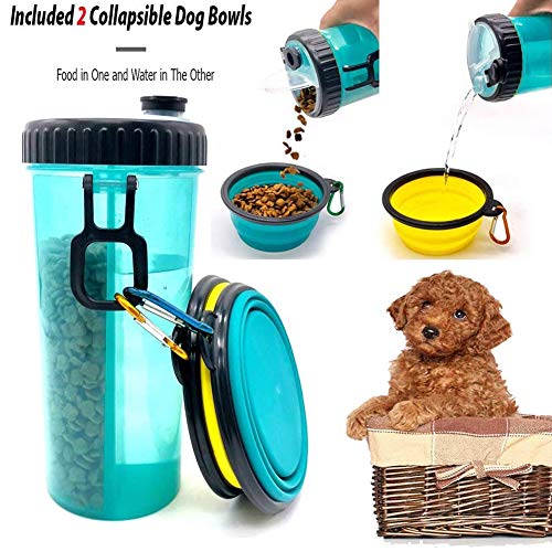Botella de Agua de Viaje para Mascotas -Recipiente de Agua para de Viaje Portátil Antibacteriano a Prueba de Fugas Botella de Doble Cámara 2 en 1 con 2 Bandejas Plegables Perros Alimentador de Gatos