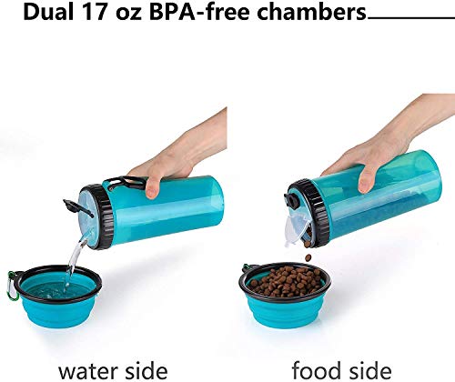 Botella de Agua de Viaje para Mascotas -Recipiente de Agua para de Viaje Portátil Antibacteriano a Prueba de Fugas Botella de Doble Cámara 2 en 1 con 2 Bandejas Plegables Perros Alimentador de Gatos