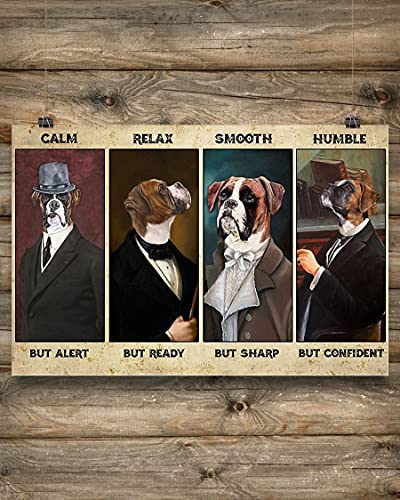 Boxer - Póster horizontal con texto en inglés "Calm But Alert", diseño de perro y perro