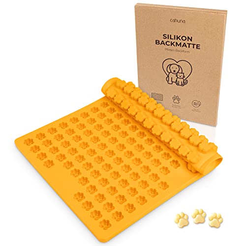 Cahuna Alfombrilla de silicona para hornear galletas para perros con mini pata, molde para golosinas para perros, sin BPA y con borde, alfombrilla reutilizable para el horno, incluye receta