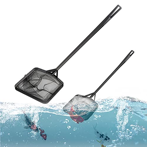 Cdemiy Redes para Acuarios, 2 Pcs Red de Pesca Cuadrada, Redes de Pesca de Malla Fina de Nylon de Mango Largo, para Peces Tropicales, acuarios, peceras, Mango 27cm, 30cm