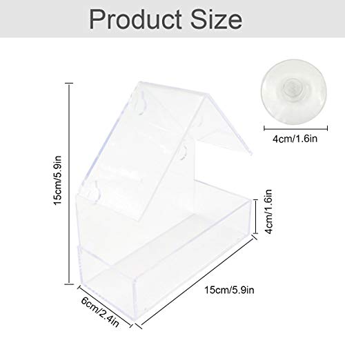 Comedero para Pájaros Acrílico Transparente Ventana de Casa de Pájaros sin Taladro con Cuchara de alimentación con 3 Ventosas Alimentador De Aves Abierto para Colgar en Forma de Casa,15x16x7 cm