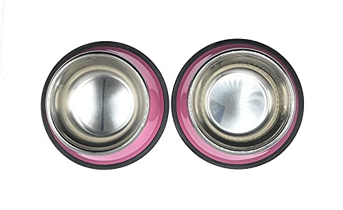 Comedero y Bebedero para Perros y Gatos con Goma Antideslizante. Platos para Perros de Acero Inoxidable y Base Antideslizante (Mediano 22 cm, Rosa)