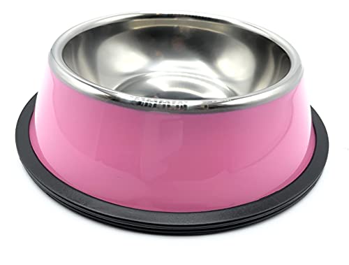 Comedero y Bebedero para Perros y Gatos con Goma Antideslizante. Platos para Perros de Acero Inoxidable y Base Antideslizante (Mediano 22 cm, Rosa)