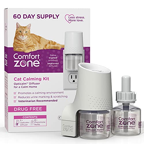 Comfort Zone Difusor calmante para gatos que reduce la ansiedad, los arañazos, la pulverización y la ocultación, se recomienda veterinario para desestresar a tu gato, 1 difusor, 2 recambios (48 ml)