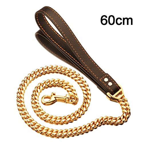 Correa para perro con cadena de acero inoxidable de plata dorada con correa de cuero negro, suministros para mascotas (color: dorado-100 cm, tamaño: como se muestra)