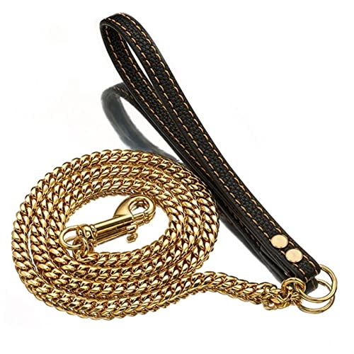 Correa para perro con cadena de acero inoxidable de plata dorada con correa de cuero negro, suministros para mascotas (color: dorado-100 cm, tamaño: como se muestra)