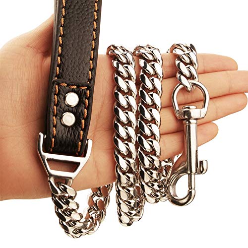 Correa para perro con cadena de acero inoxidable de plata dorada con correa de cuero negro, suministros para mascotas (color: dorado-100 cm, tamaño: como se muestra)