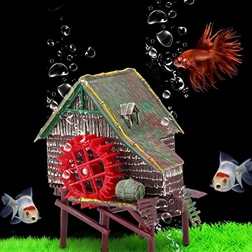 DAUERHAFT Molino de Viento para Acuario, paisajismo de Rueda de Agua Grande para Acuario, cabaña de Rueda de Agua aireada neumática, Resina, 50 g, para decoración de paisajismo de pecera(S)