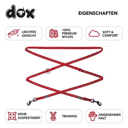 DDOXX Correa Perro Multiposición Nylon Reflectante, Ajustable en 3 tamaños, 2 m | Muchos Colores & Tamaños | para Perros Pequeño, Mediano y Grande | Correa Doble 2 Gato Cachorro | XS, Rojo, 2m