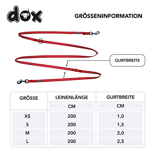 DDOXX Correa Perro Multiposición Nylon Reflectante, Ajustable en 3 tamaños, 2 m | Muchos Colores & Tamaños | para Perros Pequeño, Mediano y Grande | Correa Doble 2 Gato Cachorro | XS, Rojo, 2m