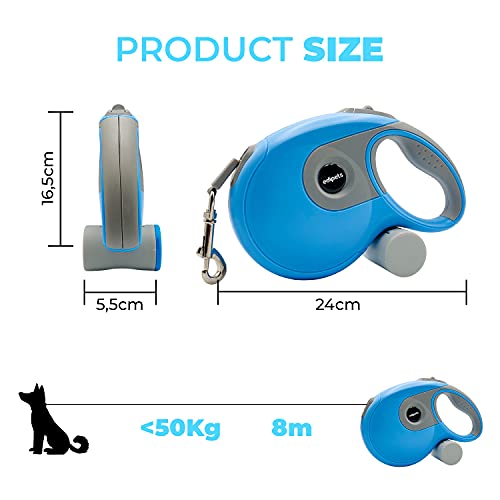 Edipets, Correa Perro Extensible, Retráctil, 8 Metros, Incluye Dispensador de Bolsas, Cinta Flexible para Adiestramiento y Paseo, para Perros Pequeños, Medianos y Grandes (Azul, 8 Metros)