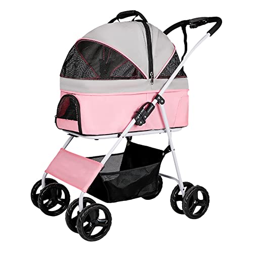 HGML Cochecito De Mascotas, 4 Ruedas Cochecito De Perro Ligero, Cochecito De Mascotas Plegable Perro/Gato Carro De Viaje, con Cesta De Almacenamiento Pink
