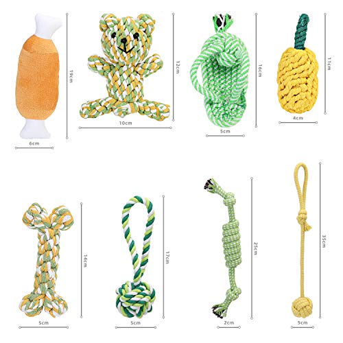 KATELUO 8 Piezas Juguetes para Perros, Juguetes para Masticar no tóxicos y duraderos, Juguetes para chirriar,Juguete Limpiador de Dientes de Perro pequeño y Mediano,Cuerda de algodón Tejida Dog Toys