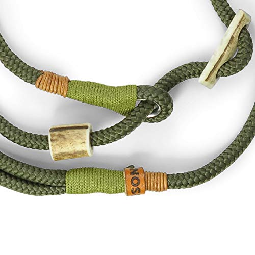 KENSONS for dogs HUNDELEINE - Correa para Perro 'Elegant', Color Verde Oliva, 8 mm de Grosor, con Tope de Cuerno de Ciervo y Cuerno de tacón, Collar y Correa en una Cuerda para Perros