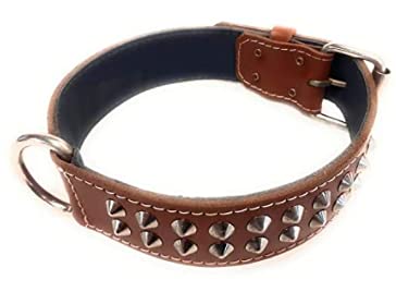 M&D Collar de perro de cuero marrón de 3,8 cm de ancho con diseño de tachuelas para perros como Staffordshire Bull Terrier, Bulldogs Inglés, Pit Bull y muchos más (pequeño: 40,6 cm - 50,8 cm)