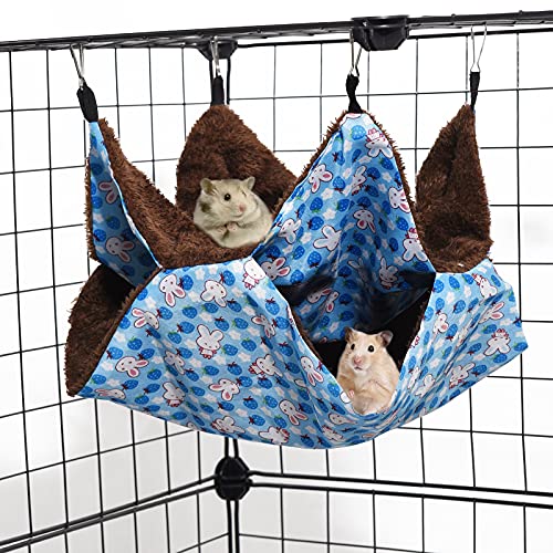 MQUPIN Hamaca para Mascotas, 2 Capas Hamster Hamaca Animales Pequeño con 4 Ganchos, Hamaca pequeña para Mascotas cálida Cama Colgante para Hurones/Ardillas/Otros Animales pequeños (Azul)