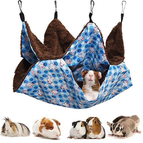 MQUPIN Hamaca para Mascotas, 2 Capas Hamster Hamaca Animales Pequeño con 4 Ganchos, Hamaca pequeña para Mascotas cálida Cama Colgante para Hurones/Ardillas/Otros Animales pequeños (Azul)