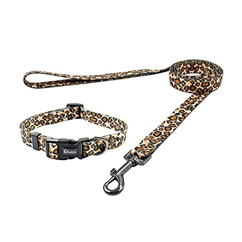 Olahibi Juego de 2 correas de cuello de perro de poliéster en 1, collar con patrón de leopardo y correa a juego de 5 pies para perros grandes (L, leopardo)