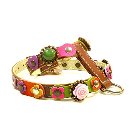 Original Arnés para Perros, Cuero Marrón, Correa Opcional, Diseño Vintage con Flores y Rosas, Colores Rosa Lila Verde Amarillo, Pequeño, Chihuahua y Cachorro, S: Cuello 18-22 cm, Pecho 32-37 cm
