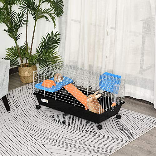 Pawhut Jaula para Roedores Pequeños con Ruedas Hábitat para Hurones Conejillo de Indias con Comedero Bebedero Rampa y Techo Abrible 89x44x43 cm Negro