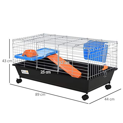 Pawhut Jaula para Roedores Pequeños con Ruedas Hábitat para Hurones Conejillo de Indias con Comedero Bebedero Rampa y Techo Abrible 89x44x43 cm Negro
