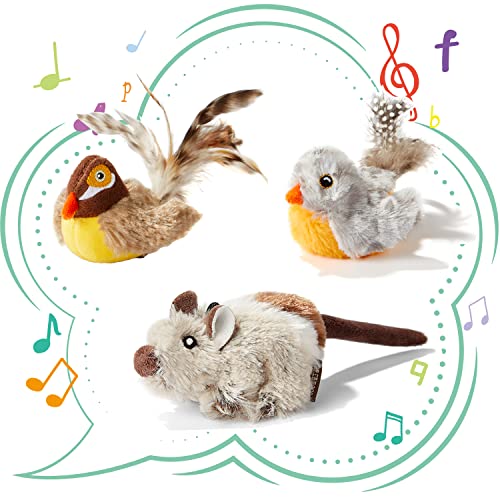 Pawsayes Three Dogs & a Cat - Juguetes interactivos, simulación de conejos, pájaros y ratones, juguetes para gatos, juegos y ejercicios en la cubierta, juego de composición de pájaros y ratones (gris)