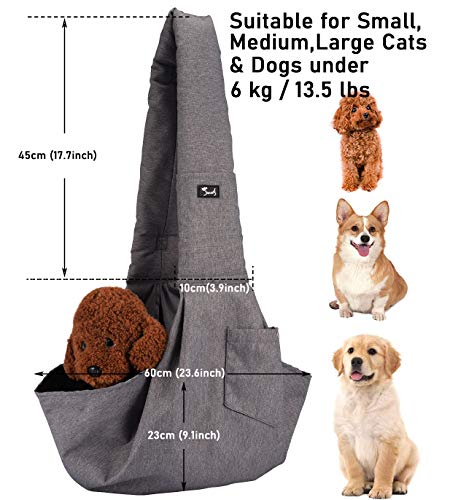 PETTOM Bandolera Perro Gato Pequeño Bolso para Mascotas ≤6KG Ajustable Impermeable Transportín con 2 Bolsillos Pet Sling Respirable y Cómodo para Mascotas para Transporte Viajar Vion Gris