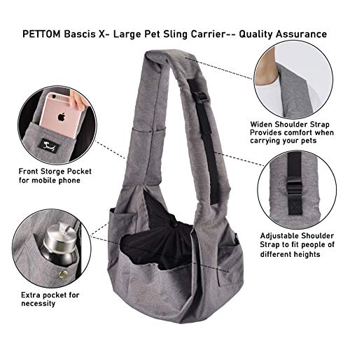 PETTOM Bandolera Perro Gato Pequeño Bolso para Mascotas ≤6KG Ajustable Impermeable Transportín con 2 Bolsillos Pet Sling Respirable y Cómodo para Mascotas para Transporte Viajar Vion Gris