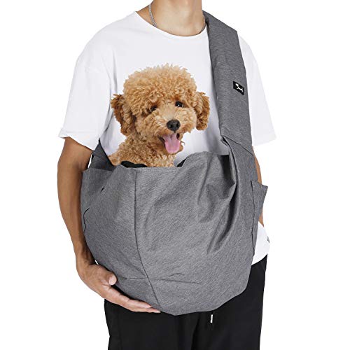 PETTOM Bandolera Perro Gato Pequeño Bolso para Mascotas ≤6KG Ajustable Impermeable Transportín con 2 Bolsillos Pet Sling Respirable y Cómodo para Mascotas para Transporte Viajar Vion Gris