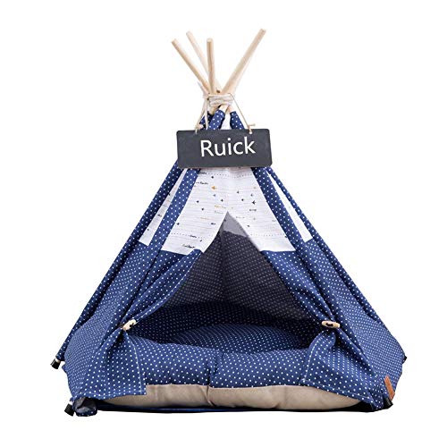 Ruick - Tienda de campaña para perros y gatos, color azul marino y blanco, diseño de lona para perro, casa linda con cojín