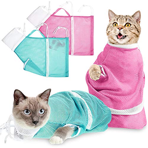 Shappy 2 Bolsa de Baño de Gatos Bolsa de Red de Ducha de Gatos Bolsa de Sujeción Anti-mordida Anti-arañazos Multifuncional Ajustable para Baño, Corte de Uñas, Examen de Mascotas (Rosa, Verde)