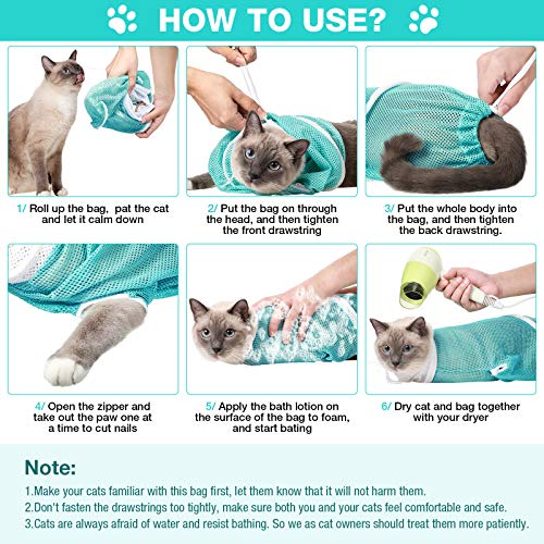 Shappy 2 Bolsa de Baño de Gatos Bolsa de Red de Ducha de Gatos Bolsa de Sujeción Anti-mordida Anti-arañazos Multifuncional Ajustable para Baño, Corte de Uñas, Examen de Mascotas (Rosa, Verde)
