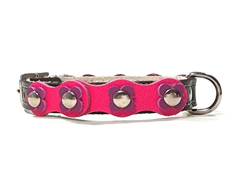 Superpipapo Original Collar de Piel para Perros Pequeños, Cachorros y Chihuahuas, Correa Opcional Diseño Vintage con Flores de Colores, Cuero Rosa y Lila, 30 cm XXS: Cuello 20-25 cm, Ancho 13mm
