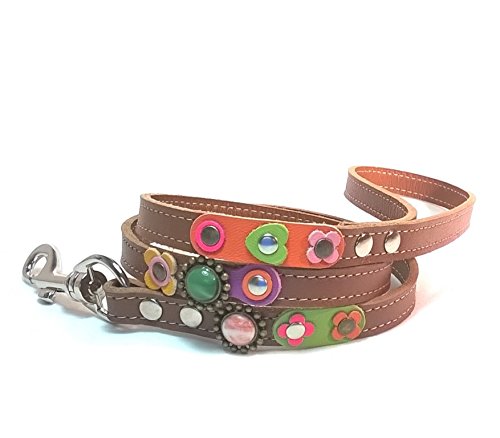 Superpipapo Original Correa para Perros de Cuero Marrón, Diseño Vintage con Flores y Rosas, Colores Rosa Lila Verde Amarillo