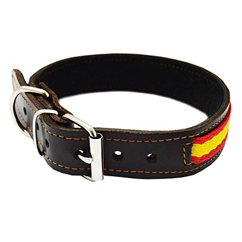 Tiendas LGP - Collar para Perros de Piel Flor con Bandera de España, 3 x 53 cm, Color Marrón