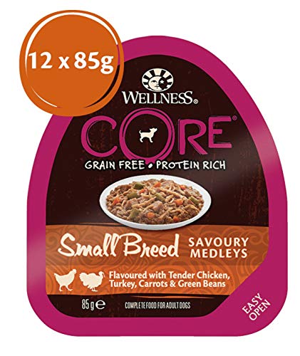Wellness CORE - Juego de 12 medallas para Perros de Raza pequeña, sin Grano y húmedo, para Comida de gallina turca y judías Verdes, 85 g, 12 Unidades