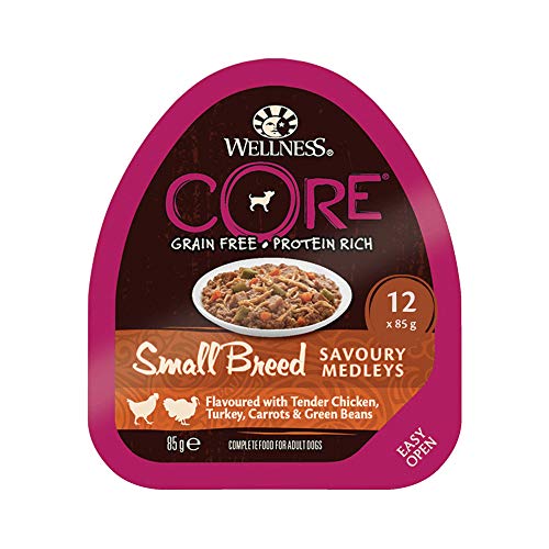 Wellness CORE - Juego de 12 medallas para Perros de Raza pequeña, sin Grano y húmedo, para Comida de gallina turca y judías Verdes, 85 g, 12 Unidades