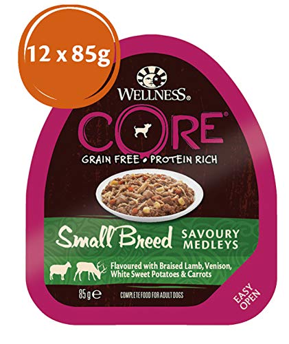 Wellness CORE - Medalla de Aroma para Perros de Raza pequeña, sin Grano y húmedo, de Cordero, Color Blanco, con Patatas Dulces y Zanahorias, 85 g, 12 Unidades