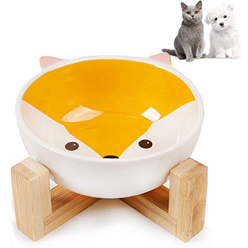 WELLXUNK® Cerámica Bowl Gatos, Cuencos elevados Mascotas, Bowl para Gatos y Perros para Perros Gatos Cachorros con Soportes de Bambú Antideslizante Cuenco de Agua para Personalizado y Práctico (A)