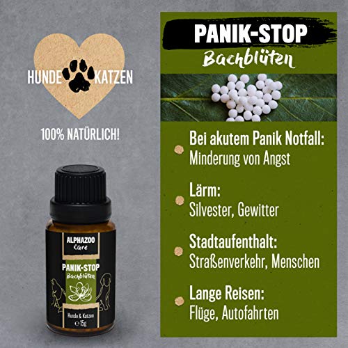 alphazoo Pánico-STOP Flores de Bach para perros y gatos 15ml, glóbulos contra el pánico y el miedo, tranquilizante natural Rescate para situaciones emergencia y estados de shock, mezcla de flores