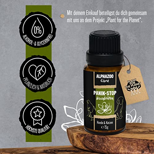 alphazoo Pánico-STOP Flores de Bach para perros y gatos 15ml, glóbulos contra el pánico y el miedo, tranquilizante natural Rescate para situaciones emergencia y estados de shock, mezcla de flores