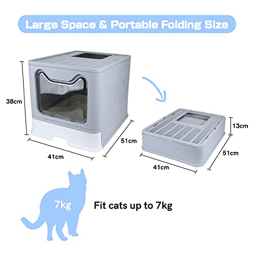 Arenero Gatos,Caja de Arena para Gatos Grande y Plegable con Taba,Bandeja Extraible y Pala,Portátil,Gris,51 x 41 x 38cm