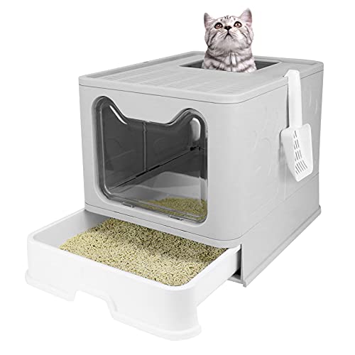 Arenero Gatos,Caja de Arena para Gatos Grande y Plegable con Taba,Bandeja Extraible y Pala,Portátil,Gris,51 x 41 x 38cm