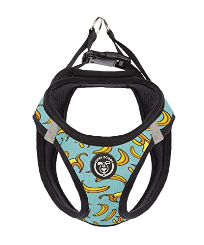 Arnés Perro Pequeño, Suave y Reflectante - Chaleco Antitirones para Cachorros Transpirable con Diseños Divertidos - Malla Ajustable para Coche (XS, Blue Bananas)