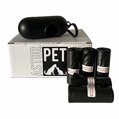 Astorpet | Bolsas para excrementos de Perro con Dispensador y Clip para correa (300 bolsas). Caca Perro. Poop Bag. Antifugas. Extra Gruesas. Color Negro