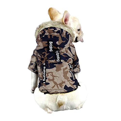 Babydog Abrigo Chaleco para Perro con Capucha, Forro Polar y Mangas, Cierre Corchetes, Modelo Camuflaje Militar (L, Marron Azul)