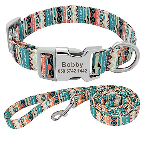 Beirui Juego de collar y correa de nailon personalizados, collares de estilo étnico suaves para perros pequeños, medianos y grandes con hebilla ligera, M, verde bohemio