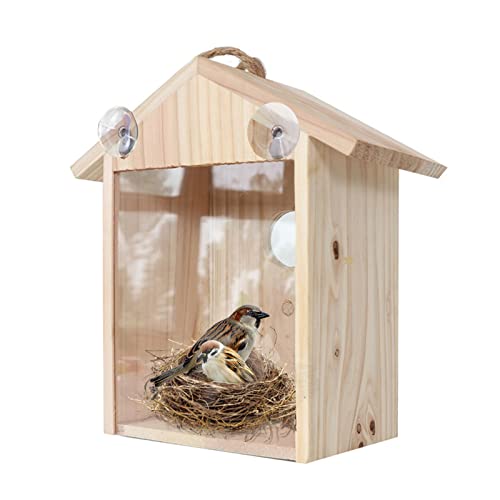 Bseical Caja De Nido De PáJaros De Madera, Casitas De Pajaros con Ventana, 21.5x13x10cm Nido CríA para Aves Natural, Casa Pajaros Exterior, Casa para Periquitos, con 2 Potentes Ventosas